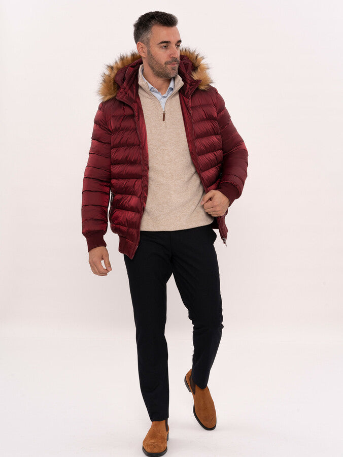 WSS Fur Hooded Burgundy Men Down Coat  - Maplewood