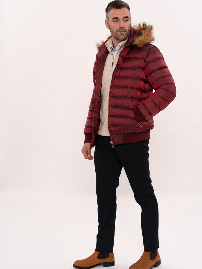 WSS Fur Hooded Burgundy Men Down Coat  - Maplewood