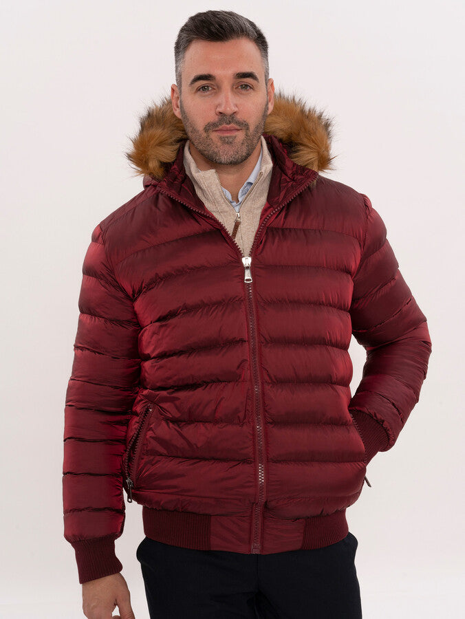 WSS Fur Hooded Burgundy Men Down Coat  - Maplewood