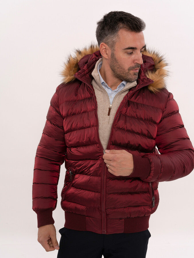 WSS Fur Hooded Burgundy Men Down Coat  - Maplewood