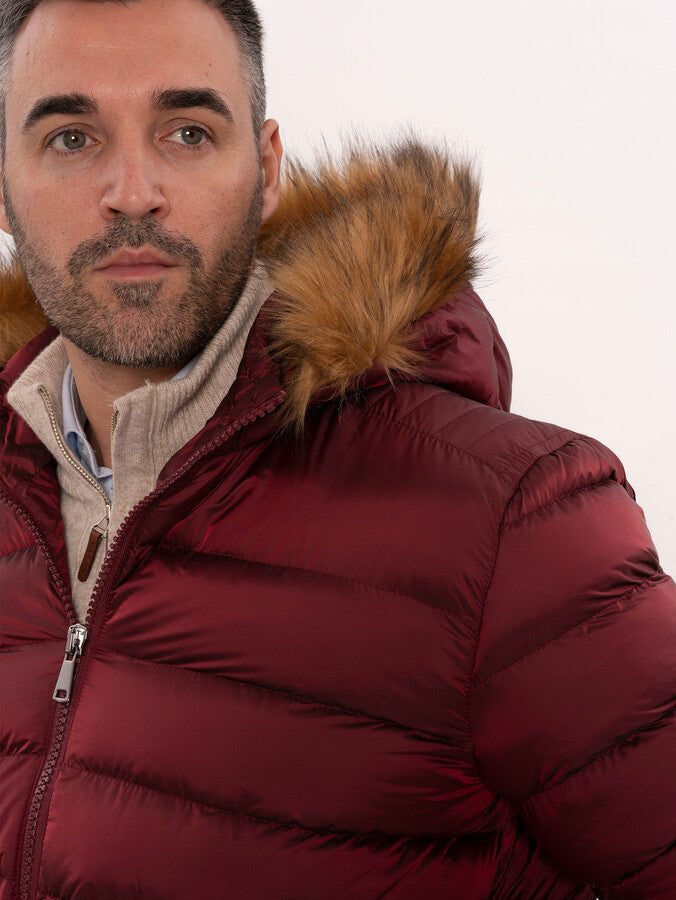 WSS Fur Hooded Burgundy Men Down Coat  - Maplewood