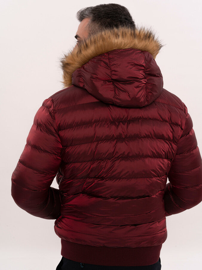 WSS Fur Hooded Burgundy Men Down Coat  - Maplewood