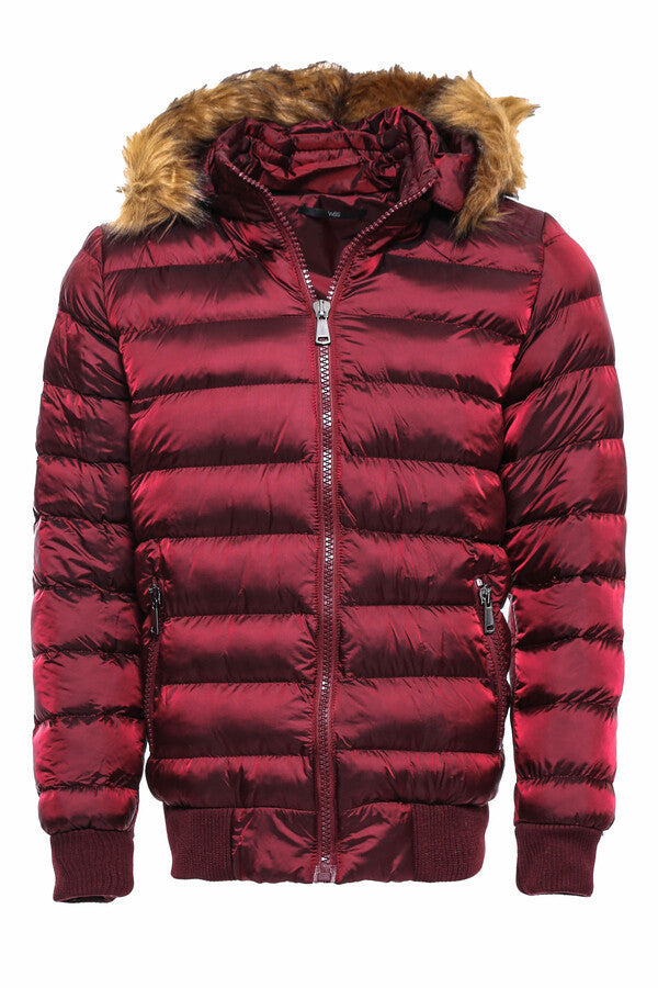 WSS Fur Hooded Burgundy Men Down Coat  - Maplewood