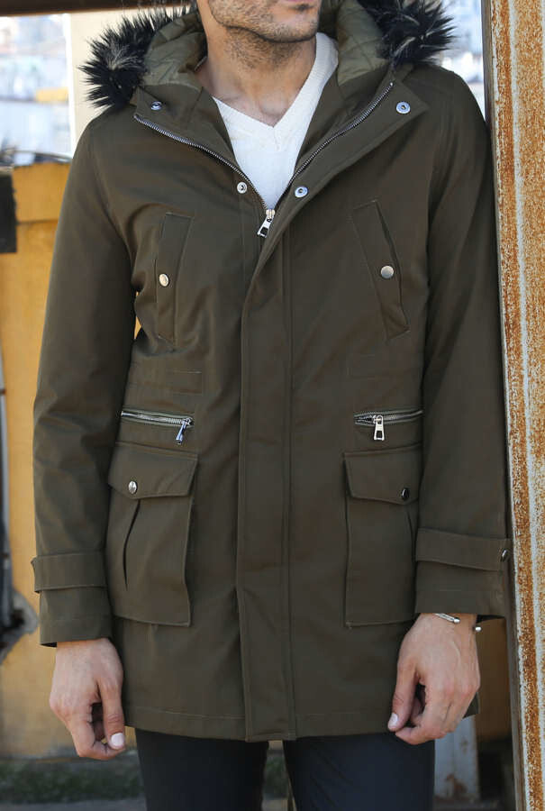 WSS Fur Hooded Parka Khaki Men Coat  - Lethbridge