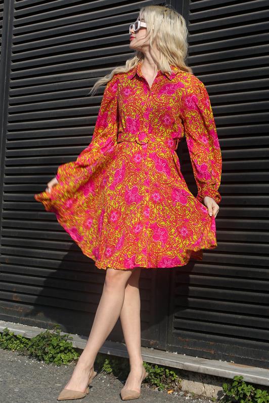 MDX Fuchsia Flower Patterned Shirt Collar Mini Dress MG1823 - Airdrie