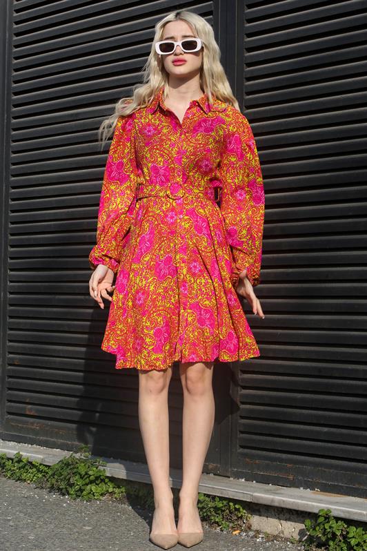 MDX Fuchsia Flower Patterned Shirt Collar Mini Dress MG1823 - Airdrie
