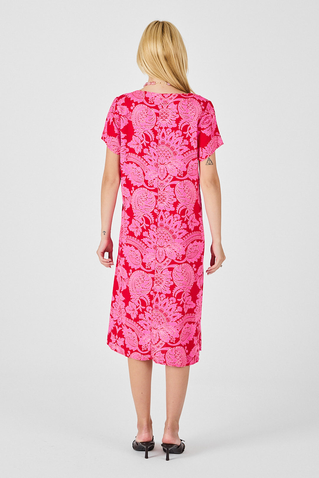 Fuchsia Patterned V-Neck Short Sleeve Midi Dress BCVL-254015 - Grasse