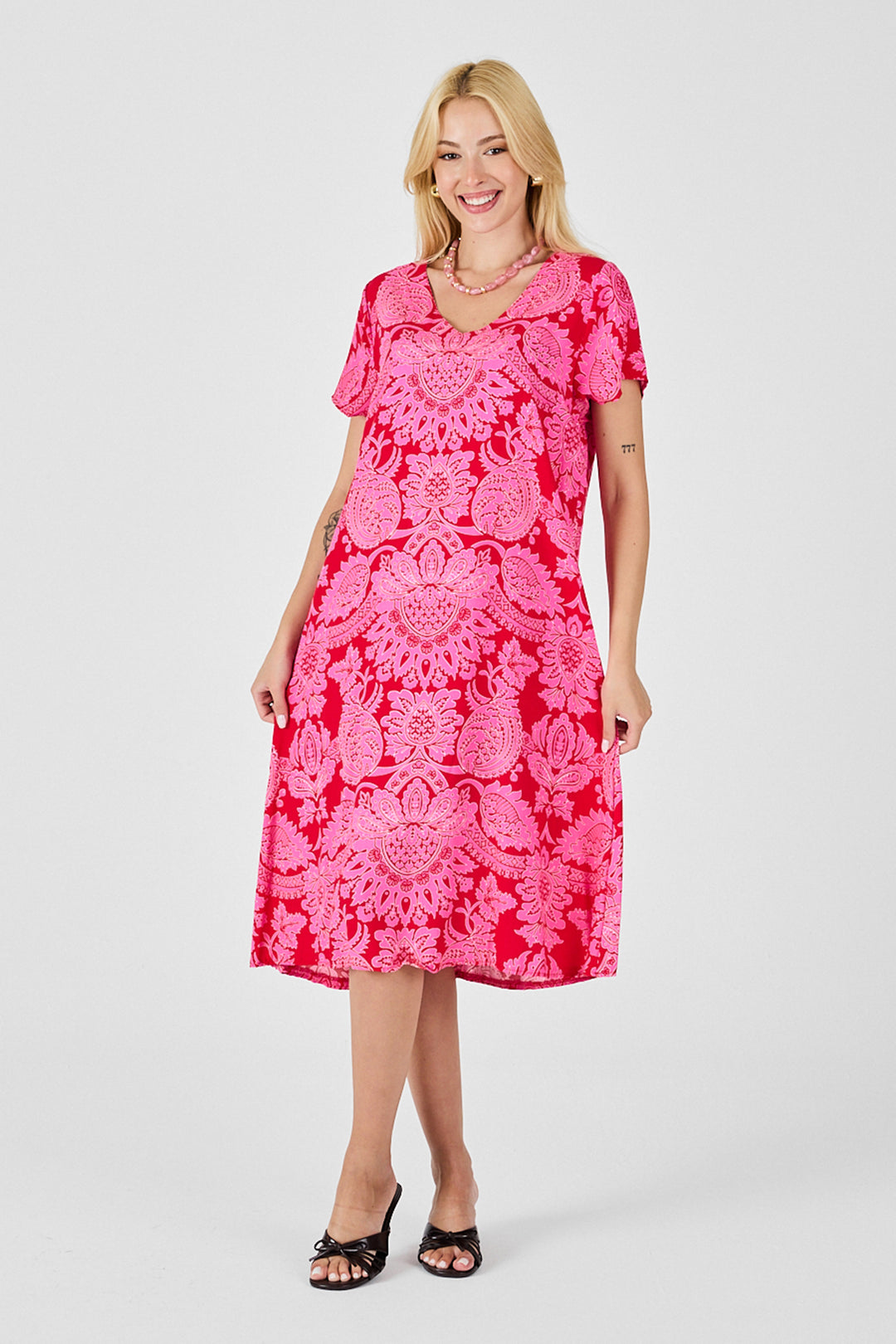 Fuchsia Patterned V-Neck Short Sleeve Midi Dress BCVL-254015 - Grasse