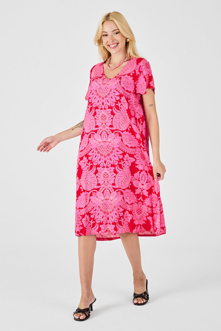 Fuchsia Patterned V-Neck Short Sleeve Midi Dress BCVL-254015 - Grasse