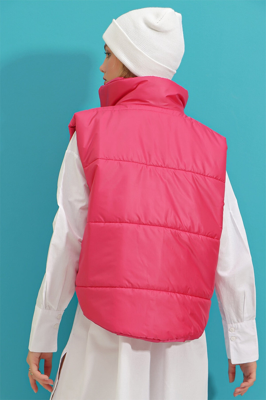 Fuşya Dik Yaka Çift Cepli Full Dolum Beli Ayarlanabilir Şişme Yelek - Paisley