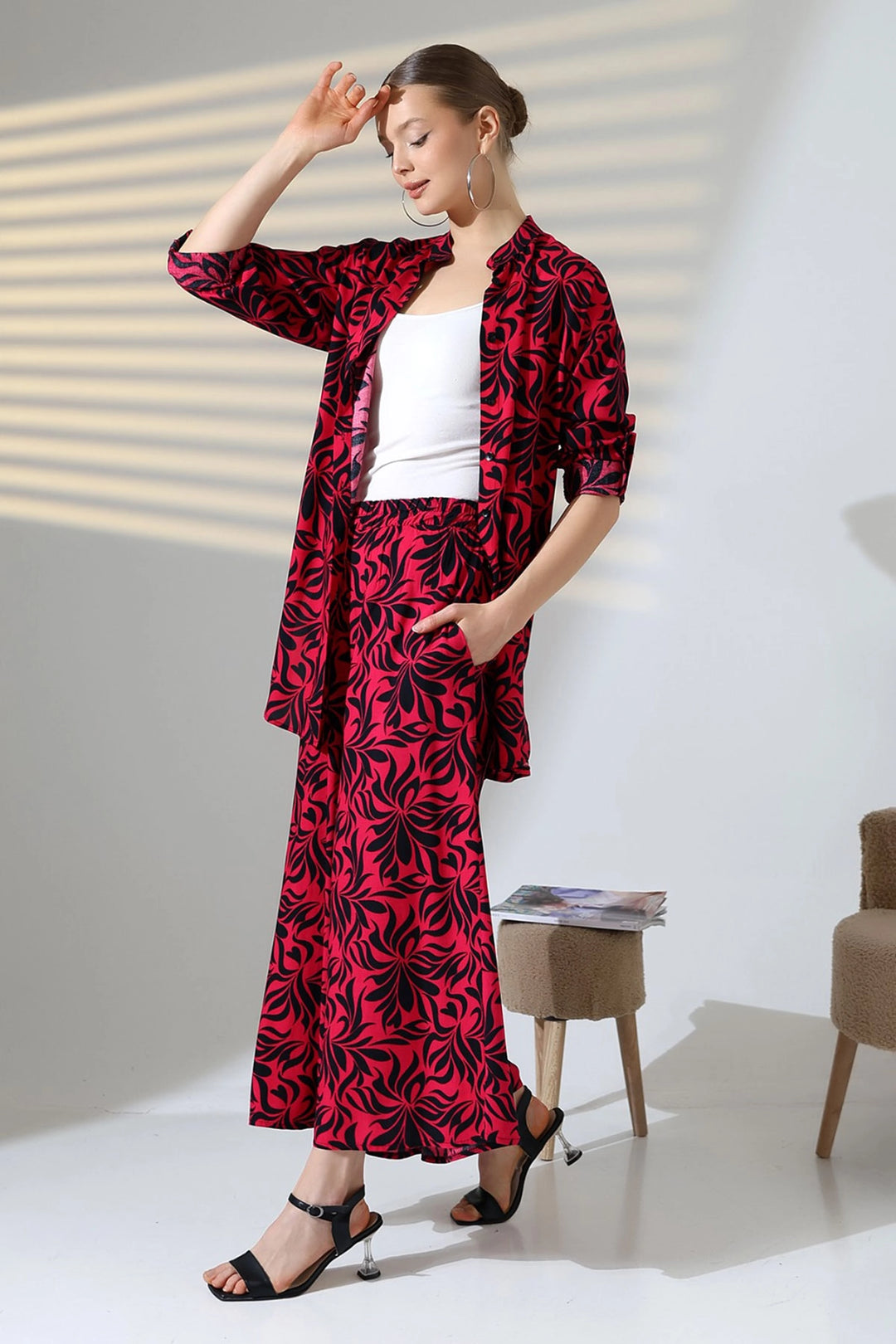 Fuchsia Judge Collar Shirt and Comfortable Fit Pants Woven Top Set BCVL-25V053 - Norwich