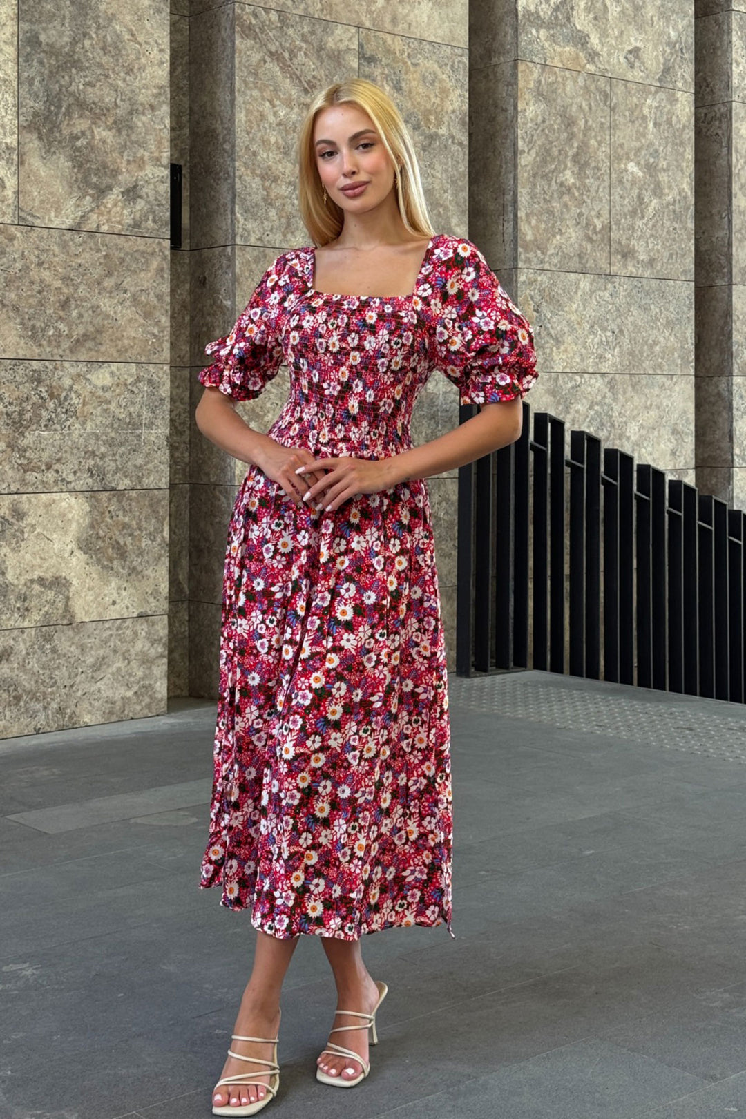 Fuchsia Square Neck Belted Flower Patterned Woven Summer Dress BCVL-25V095 - Allen