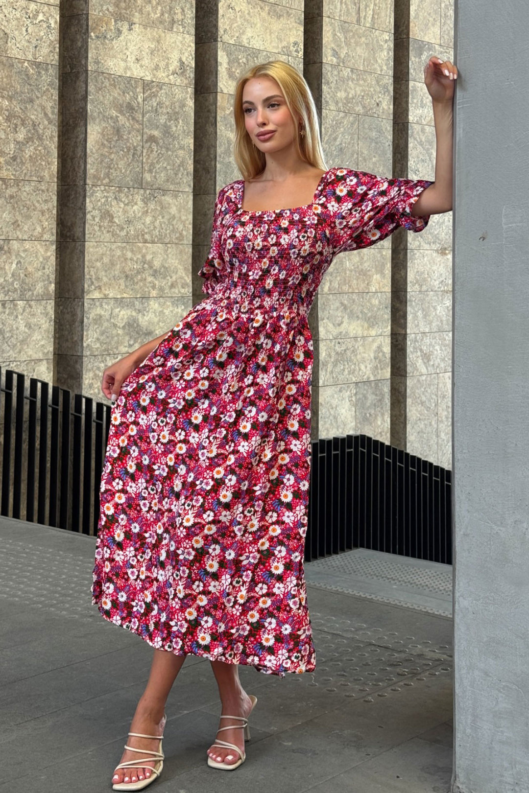 Fuchsia Square Neck Belted Flower Patterned Woven Summer Dress BCVL-25V095 - Allen