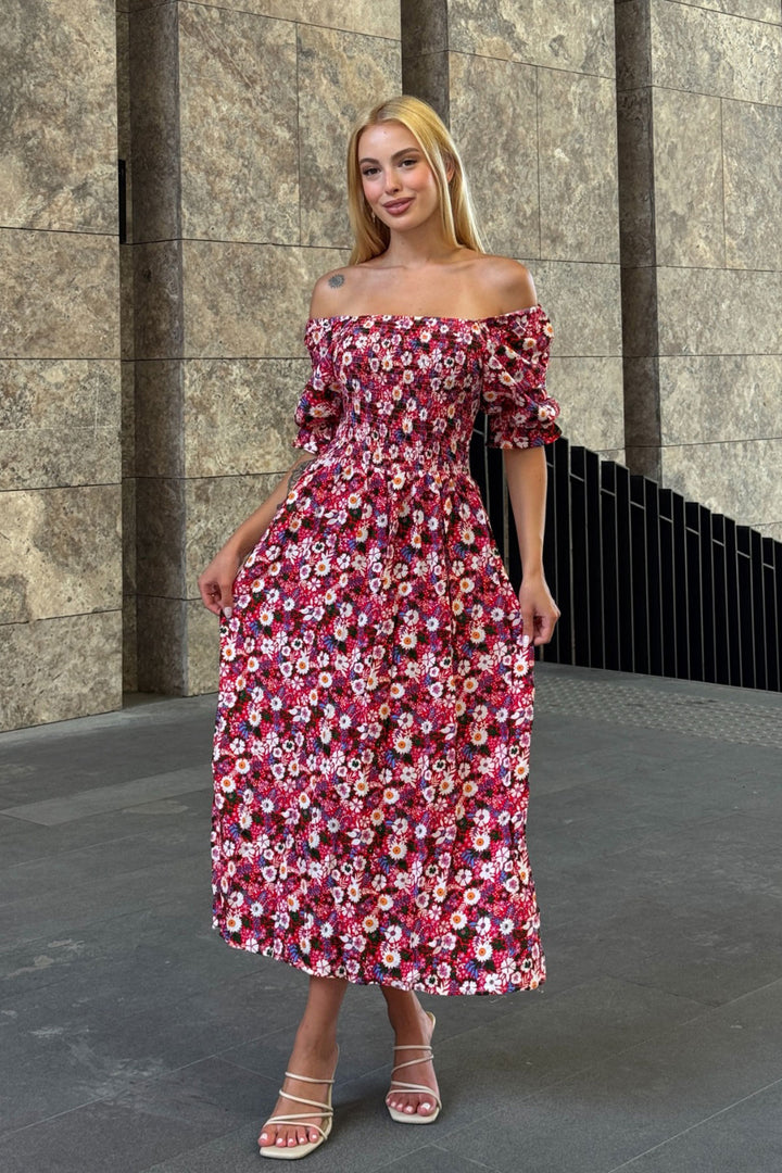 Fuchsia Square Neck Belted Flower Patterned Woven Summer Dress BCVL-25V095 - Allen