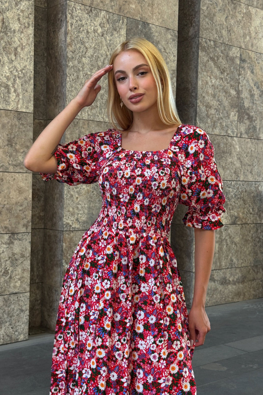 Fuchsia Square Neck Belted Flower Patterned Woven Summer Dress BCVL-25V095 - Allen