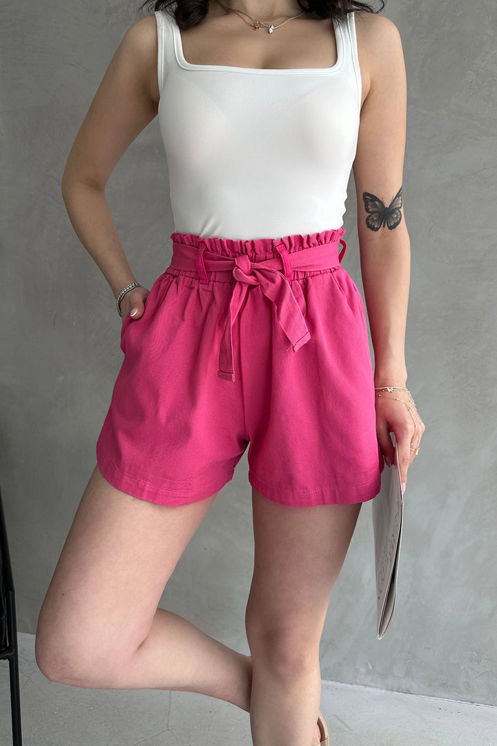 Fuchsia Relaxed Fit High Waist Ruffled Pocket Shorts BCDF-233304 - Ilkeston