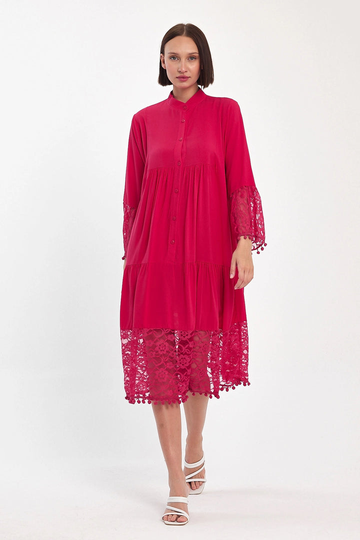 Maxi Boy Fuchsia Tulle Detailed Long Length Woven Viscose Dress BCVL-25983 - Río Grande