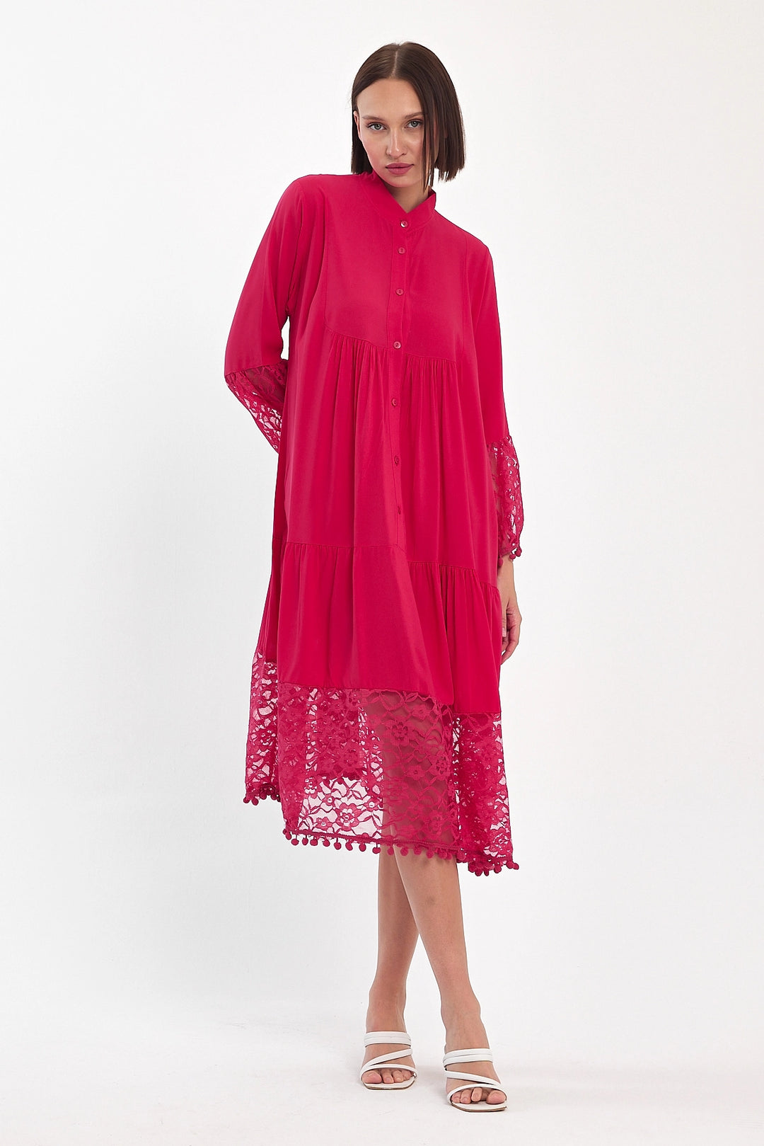 Maxi Boy Fuchsia Tulle Detailed Long Length Woven Viscose Dress BCVL-25983 - Río Grande