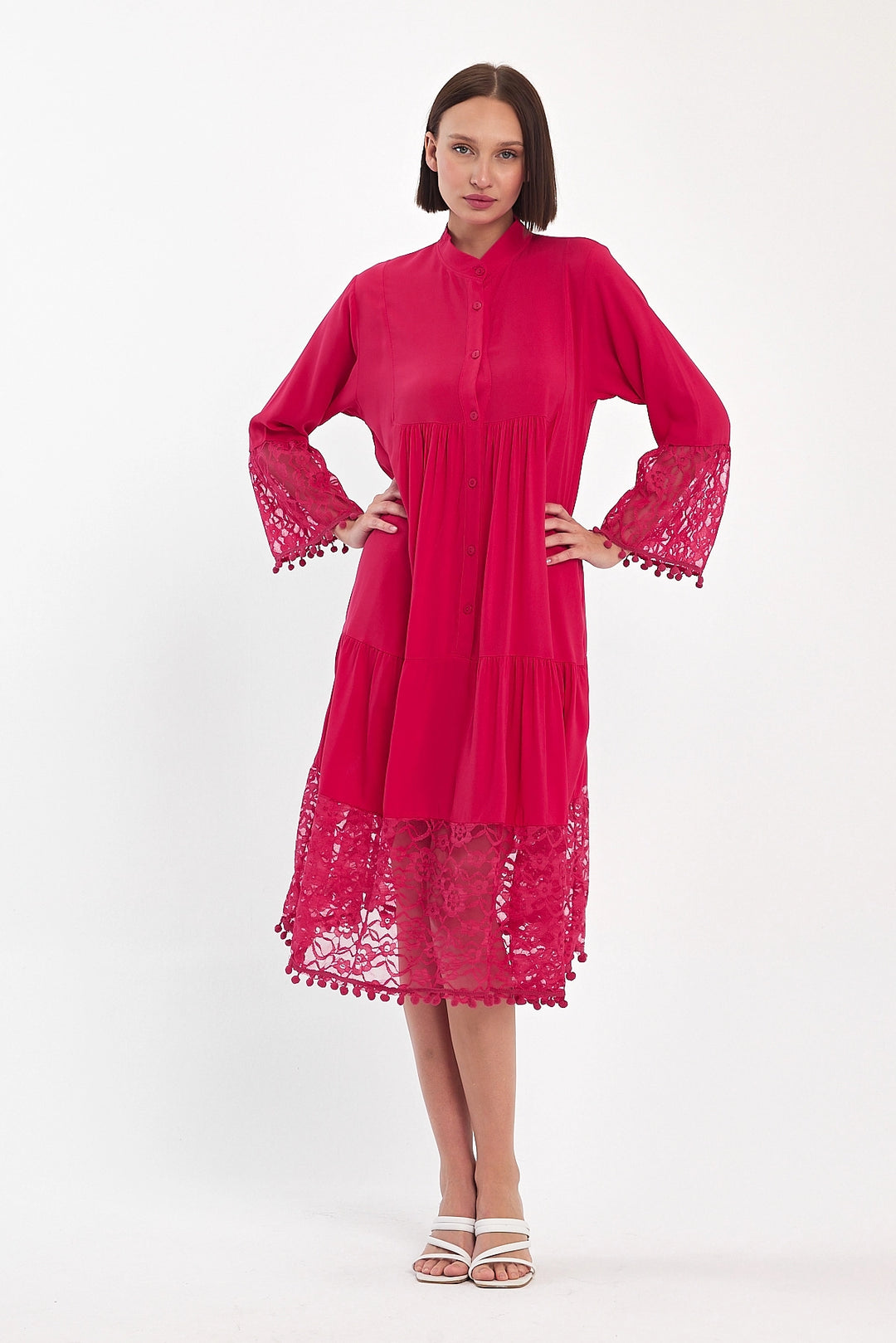 Maxi Boy Fuchsia Tulle Detailed Long Length Woven Viscose Dress BCVL-25983 - Río Grande