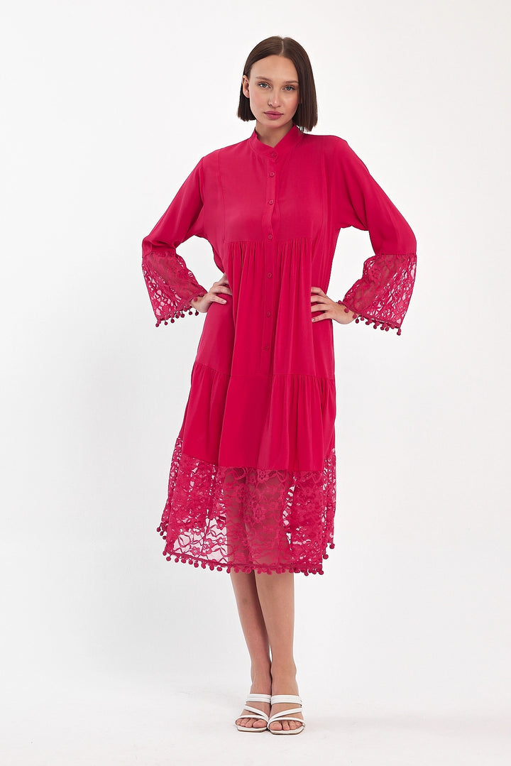 Maxi Boy Fuchsia Tulle Detailed Long Length Woven Viscose Dress BCVL-25983 - Río Grande