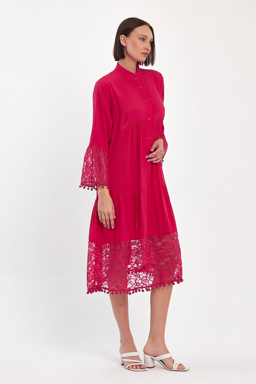 Maxi Boy Fuchsia Tulle Detailed Long Length Woven Viscose Dress BCVL-25983 - Río Grande