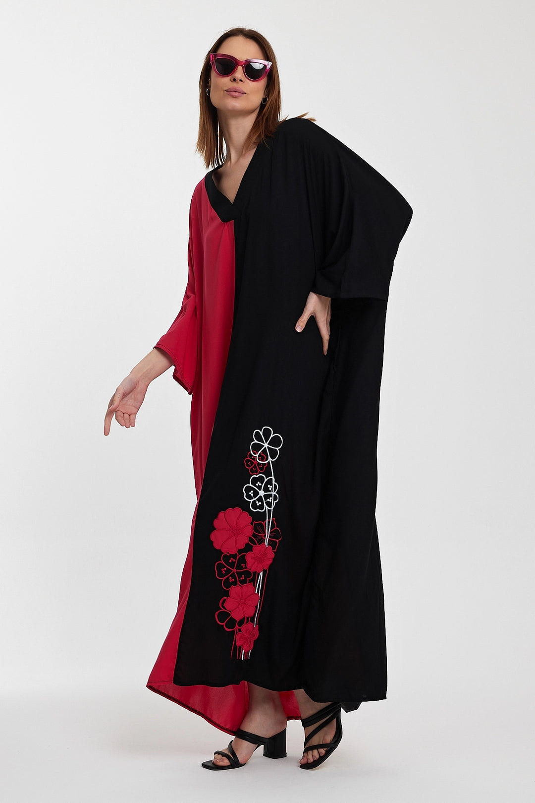 Maxi Boy Fuchsia V-Neck Embroidered Color Block Long Shirt Dress BCVL-24958 - Santa Clarita