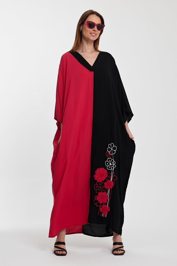Maxi Boy Fuchsia V-Neck Embroidered Color Block Long Shirt Dress BCVL-24958 - Santa Clarita