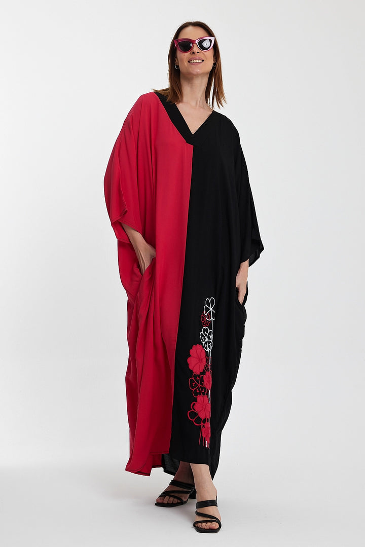 Maxi Boy Fuchsia V-Neck Embroidered Color Block Long Shirt Dress BCVL-24958 - Santa Clarita