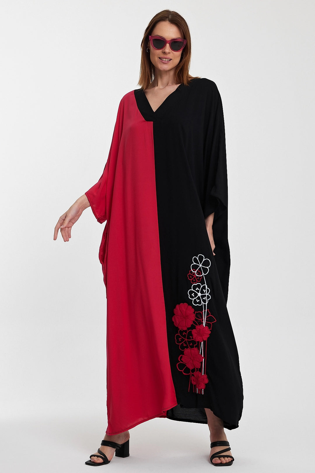 Maxi Boy Fuchsia V-Neck Embroidered Color Block Long Shirt Dress BCVL-24958 - Santa Clarita