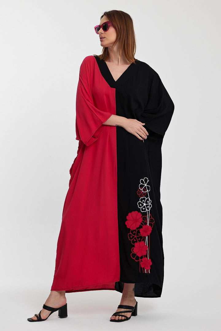Maxi Boy Fuchsia V-Neck Embroidered Color Block Long Shirt Dress BCVL-24958 - Santa Clarita