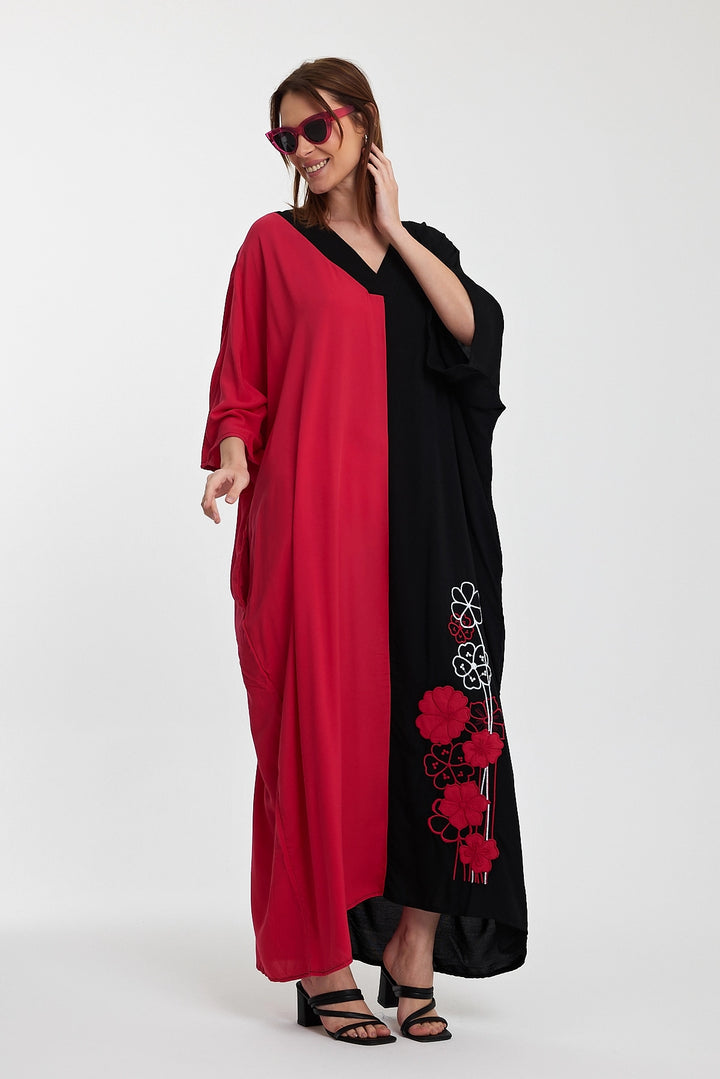 Maxi Boy Fuchsia V-Neck Embroidered Color Block Long Shirt Dress BCVL-24958 - Santa Clarita