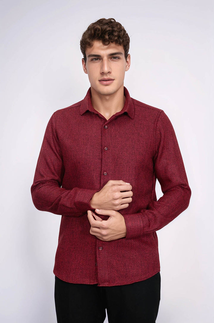 WSS Slim Fit Cotton Plain Burgundy Men Lumberjack Shirt  - Chieri