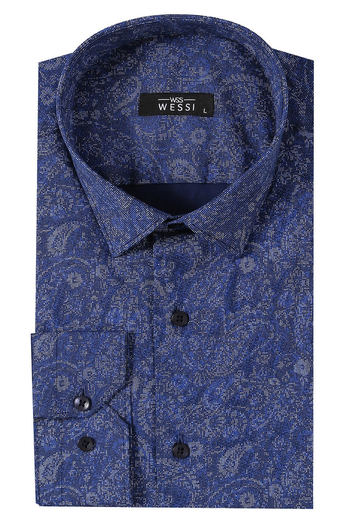 WSS Damask Pattern Long Sleeves Men Blue Shirt  - Ercolano