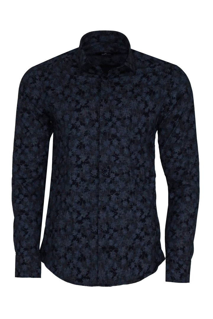 WSS Bloom Patterned Dark Blue Slim Fir Shirt  - Singen