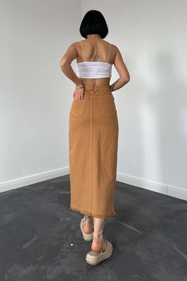 ELS Gabardine Dyed Fringed Skirt - Camel - Terre Haute