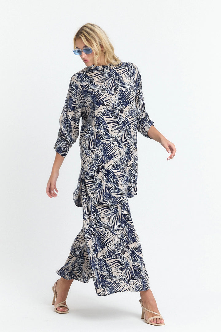 Navy Blue Flower Patterned Long Tunic and Pants Woven Viscon Top and Bottom Set BCVL-25V053-2 - Niagara Falls