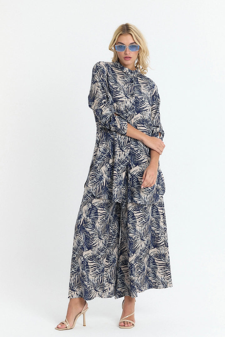 Navy Blue Flower Patterned Long Tunic and Pants Woven Viscon Top and Bottom Set BCVL-25V053-2 - Niagara Falls