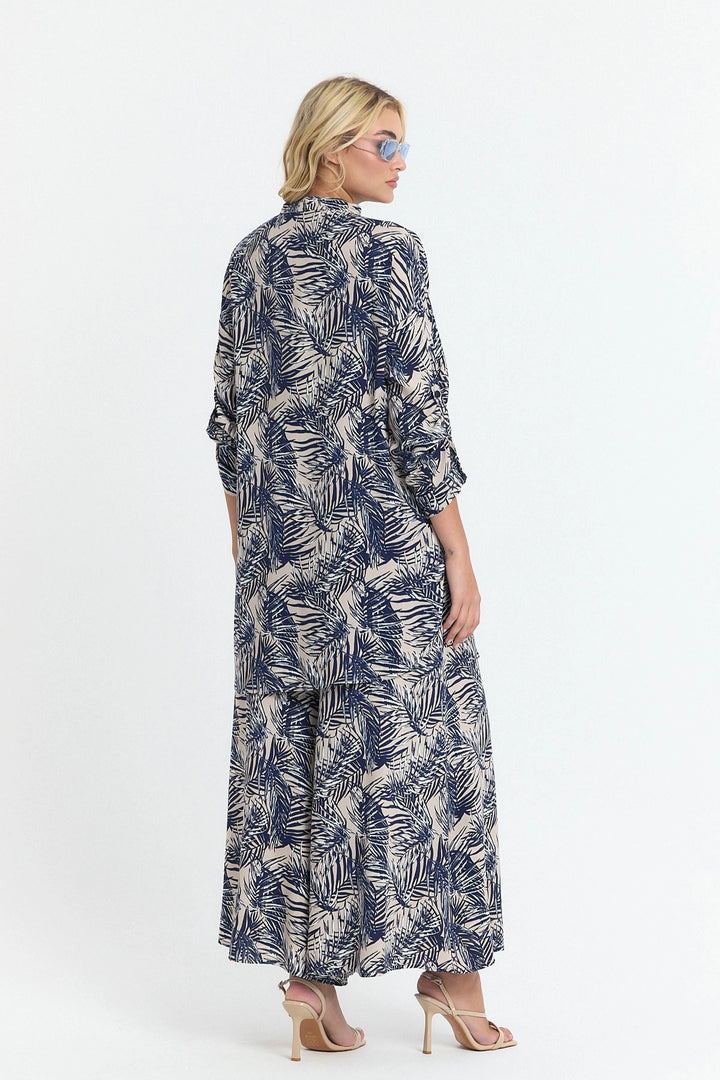 Navy Blue Flower Patterned Long Tunic and Pants Woven Viscon Top and Bottom Set BCVL-25V053-2 - Niagara Falls