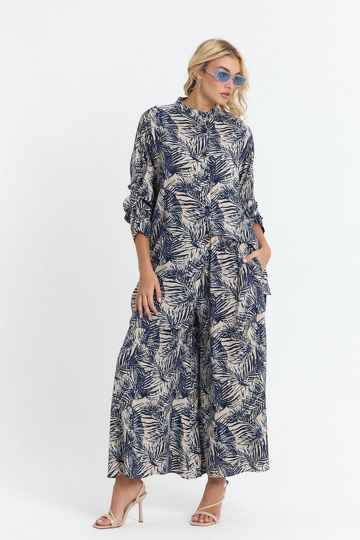 Navy Blue Flower Patterned Long Tunic and Pants Woven Viscon Top and Bottom Set BCVL-25V053-2 - Niagara Falls