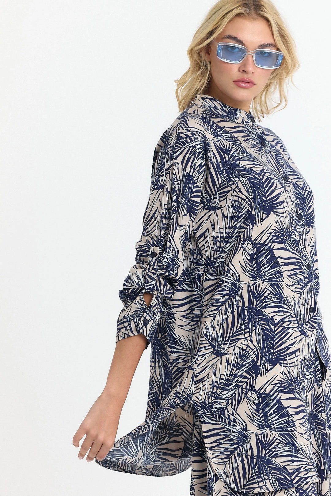 Navy Blue Flower Patterned Long Tunic and Pants Woven Viscon Top and Bottom Set BCVL-25V053-2 - Niagara Falls