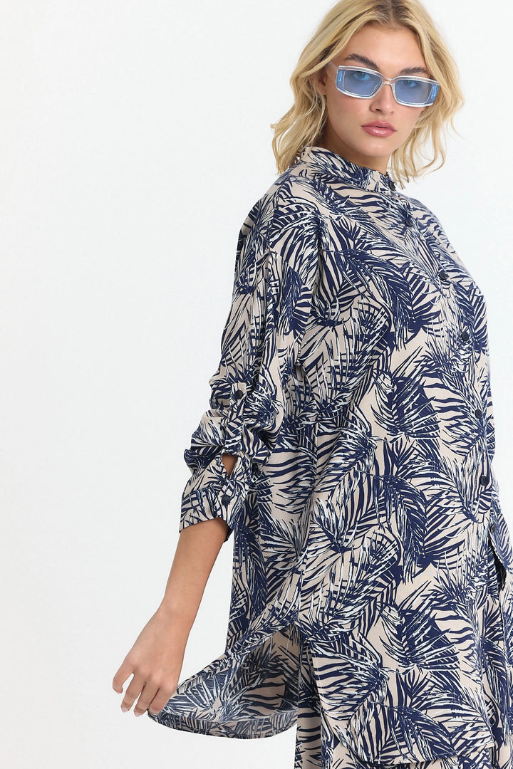 Navy Blue Flower Patterned Long Tunic and Pants Woven Viscon Top and Bottom Set BCVL-25V053-2 - Niagara Falls