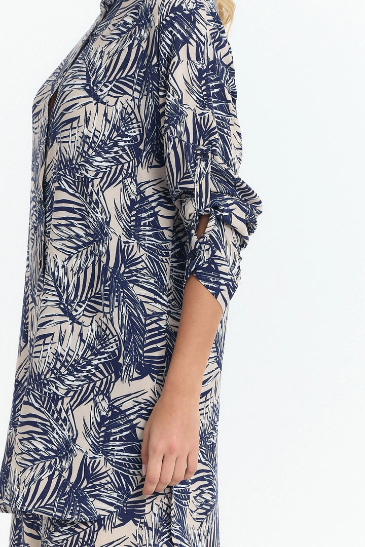 Navy Blue Flower Patterned Long Tunic and Pants Woven Viscon Top and Bottom Set BCVL-25V053-2 - Niagara Falls
