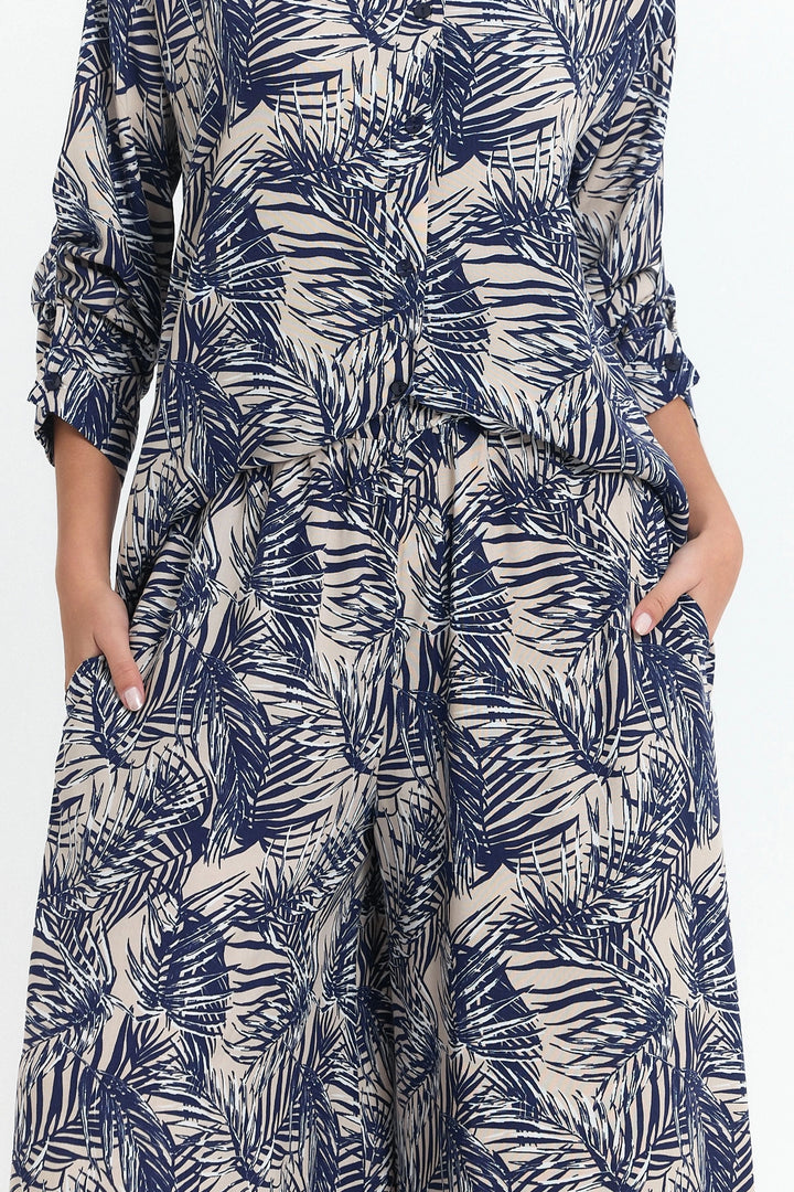 Navy Blue Flower Patterned Long Tunic and Pants Woven Viscon Top and Bottom Set BCVL-25V053-2 - Niagara Falls