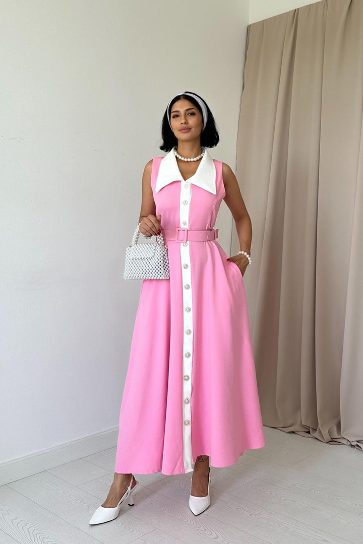 ELS Wide Collar Halter Sleeve Dress - Fuchsia - Chur