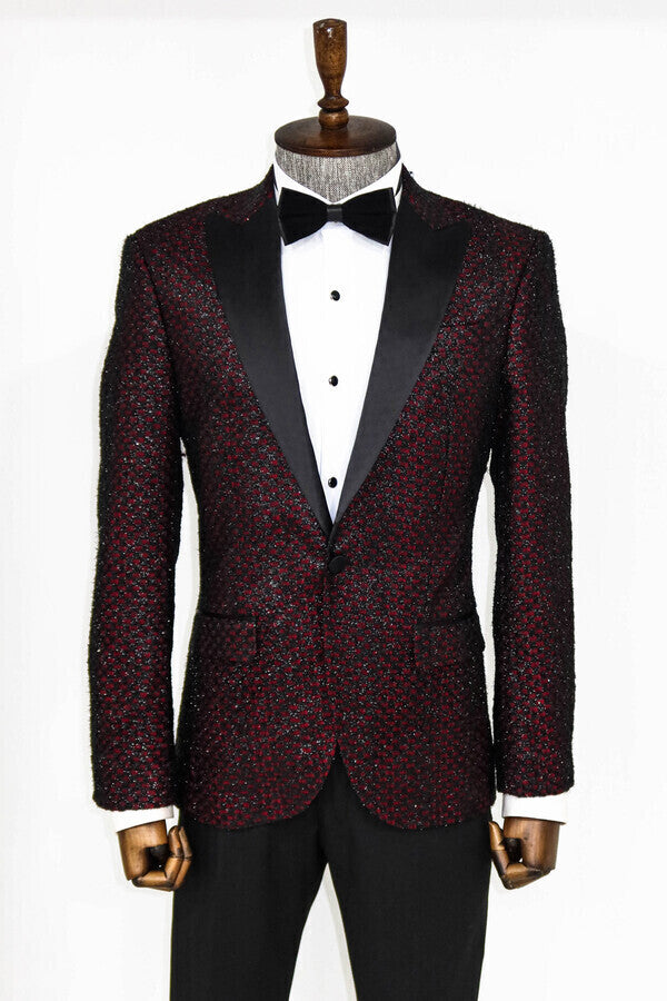 WSS Gingham Patterned Glittery Burgundy Men Prom Blazer  - High Point