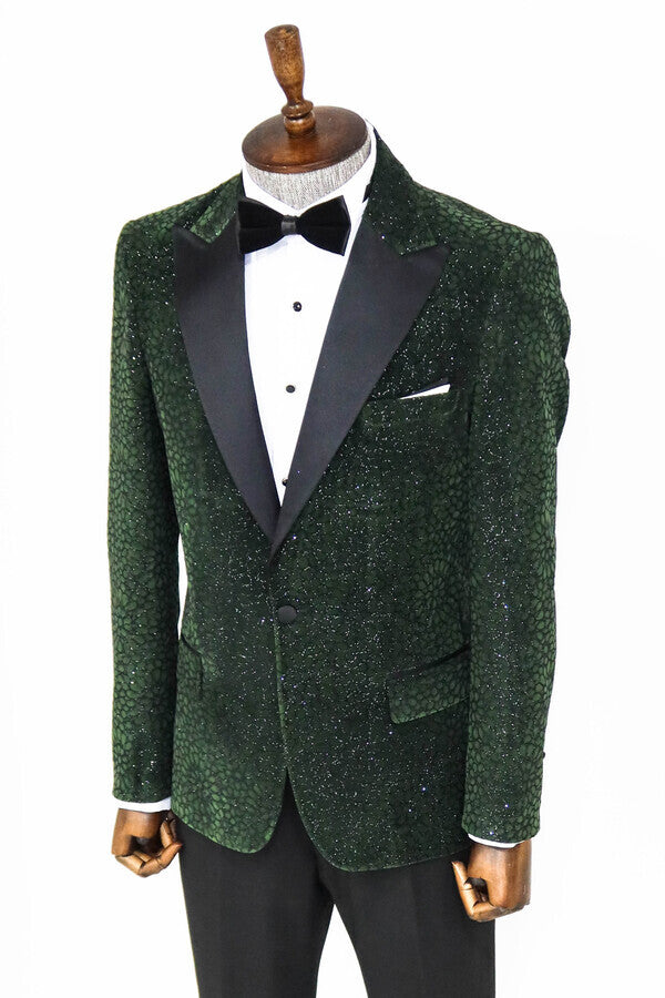 WSS Glitter Floral Patterned Dark Green Men Prom Blazer  - Provo