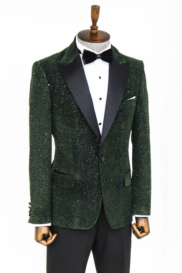 WSS Glitter Floral Patterned Dark Green Men Prom Blazer  - Provo