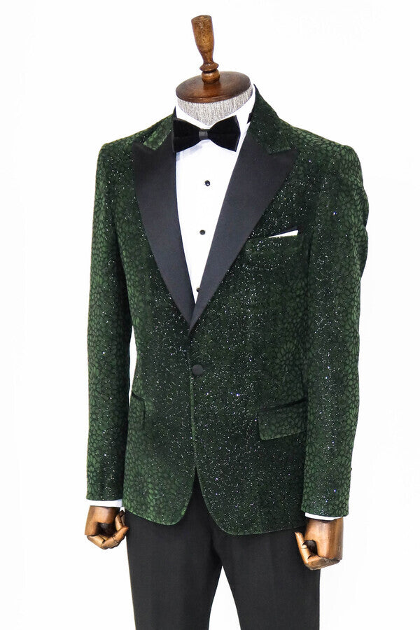 WSS Glitter Floral Patterned Dark Green Men Prom Blazer  - Provo