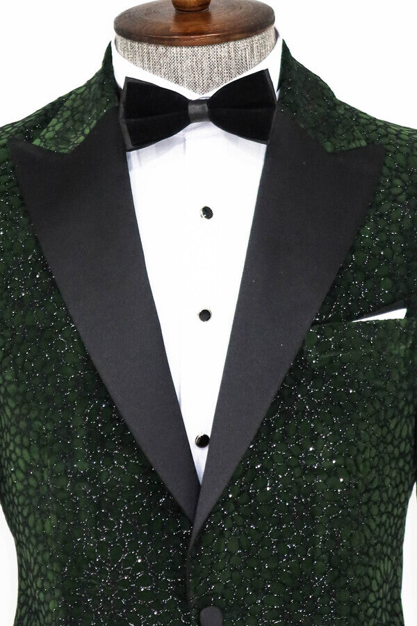 WSS Glitter Floral Patterned Dark Green Men Prom Blazer  - Provo