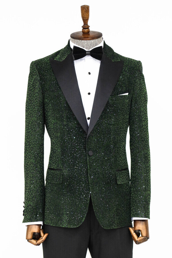 WSS Glitter Floral Patterned Dark Green Men Prom Blazer  - Provo
